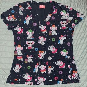 Women's Elephant Fun Scrub Top - Navy